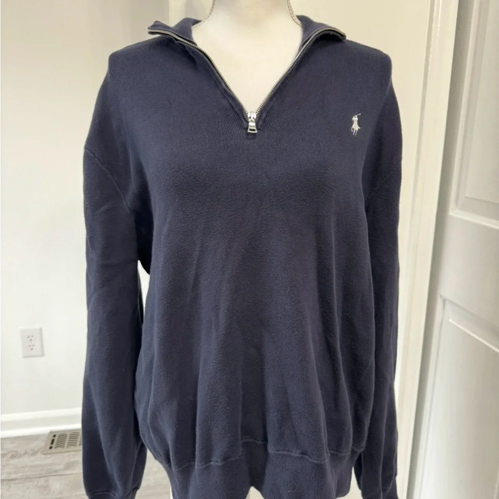 Polo Ralph Lauren Men’s XL Navy Cotton Blend Quarter Zip Sweater White‎ Pony
